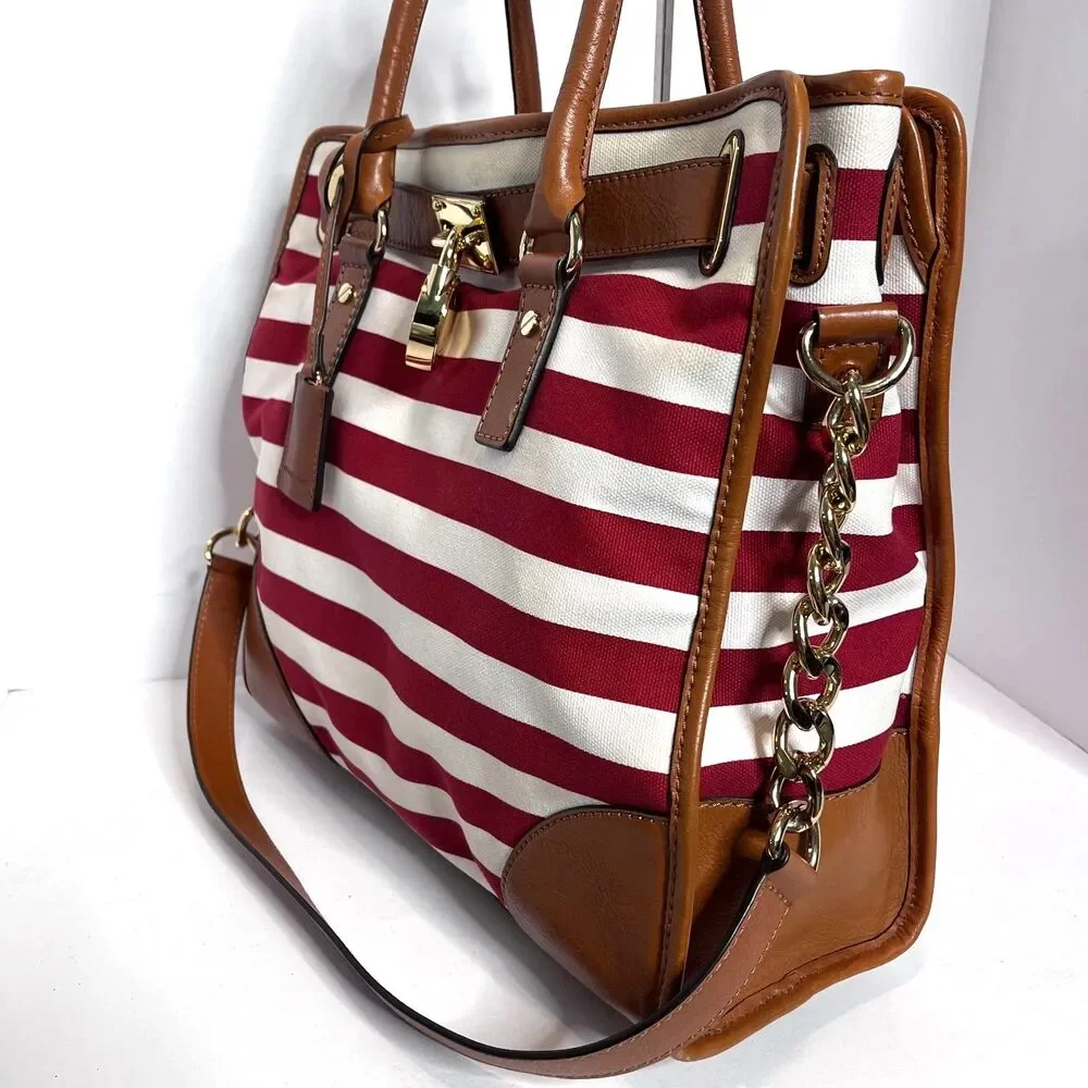 Michael Kors Large Hamilton Brown Leather Trim Red & White Canvas Tote